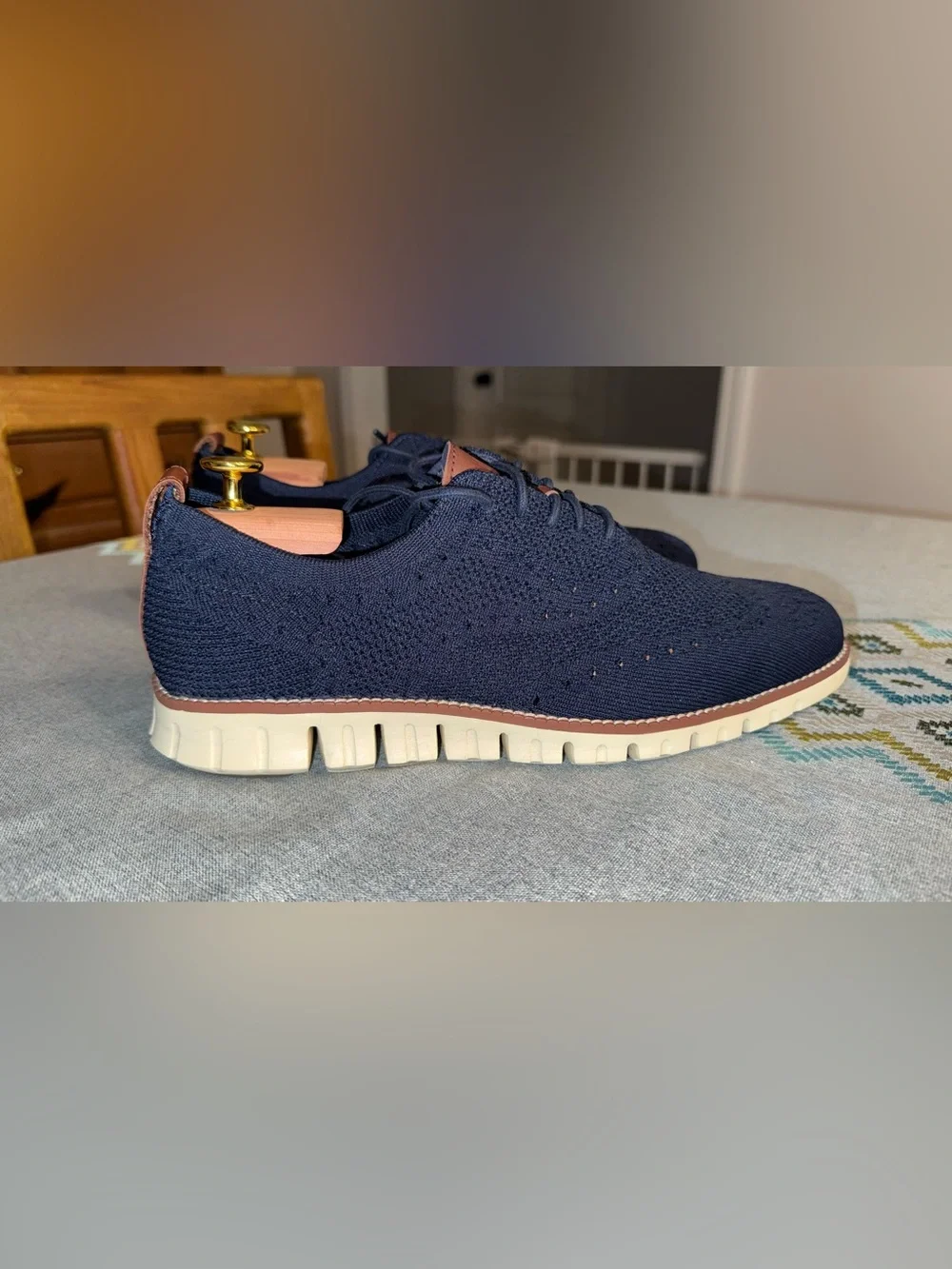 Cole Haan ZEROGRAND Men’s Navy Knit Oxford Shoes 9.5 Brown Leather Trim